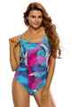 Sexy Blue Pink Palm Leaves Strappy Back One Piece Swimsuit