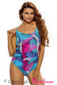 Sexy Blue Pink Palm Leaves Strappy Back One Piece Swimsuit