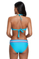 Sexy Blue Pink Striped Accent Ruffle Trim Bikini Swimsuit