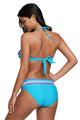 Sexy Blue Pink Striped Accent Ruffle Trim Bikini Swimsuit