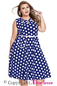 Sexy Blue Plus Size Polka Dot Bohemain Print Dress with Keyholes