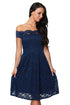 Sexy Blue Plus Size Scalloped Off Shoulder Flared Lace Dress