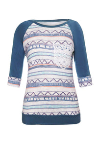 Sexy Blue Raglan Sleeve Lace Pocket Detail Printed Top