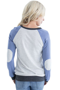 Sexy Blue Raglan Sleeve Patch Elbow Sweatshirt Top