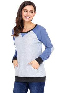 Sexy Blue Raglan Sleeve Patch Elbow Sweatshirt Top