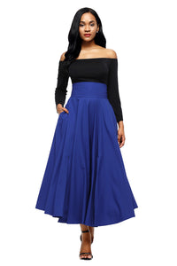 Sexy Blue Retro High Waist Pleated Belted Maxi Skirt