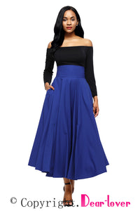 Sexy Blue Retro High Waist Pleated Belted Maxi Skirt