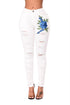 Sexy Blue Rose Embroidery Distressed White Skinny Jeans