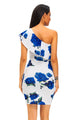 Sexy Blue Rose Print Frill One Shoulder Midi Dress
