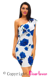 Sexy Blue Rose Print Frill One Shoulder Midi Dress