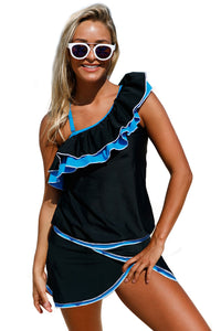 Sexy Blue Ruffle Detail One Shoulder Tankini Swimsuit