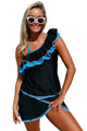 Sexy Blue Ruffle Detail One Shoulder Tankini Swimsuit