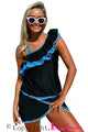 Sexy Blue Ruffle Detail One Shoulder Tankini Swimsuit