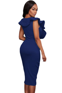 Sexy Blue Ruffle V Neck Bodycon Midi Dress