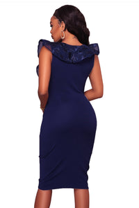 Sexy Blue Ruffle V Neck Detail Midi Dress