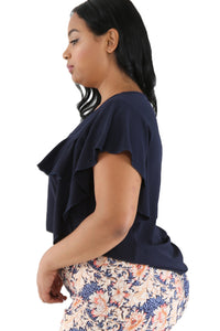 Sexy Blue Ruffled Detail Flutter Sleeves Plus Size Top