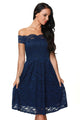 Sexy Blue Scalloped Off Shoulder Flared Lace Dress
