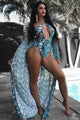 Sexy Blue Snakeskin Print Teddy Swimsuit Cover Up Set
