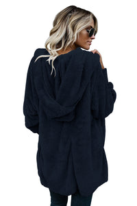 Sexy Blue Soft Fleece Hooded Open Front Coat