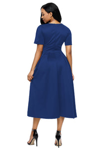 Sexy Blue Split Neck Short Sleeve Midi Dress with Bowknots