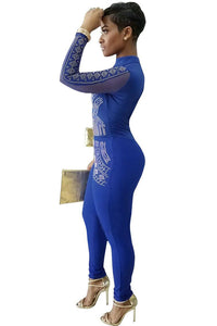 Sexy Blue Steampunk Studded Pattern Mesh Insert Jumpsuit
