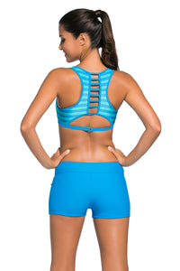 Sexy Blue Stripe Patten Sport Bra Swim Trunk 2pcs Swimsuit