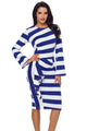 Sexy Blue Striped Ruffle Side Back Slit Long Sleeve Midi Dress