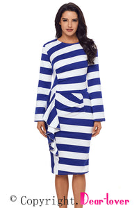 Sexy Blue Striped Ruffle Side Back Slit Long Sleeve Midi Dress