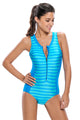 Sexy Blue Striped Sleeveless Rashguard One Piece Swimsuit