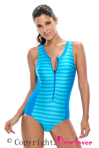 Sexy Blue Striped Sleeveless Rashguard One Piece Swimsuit