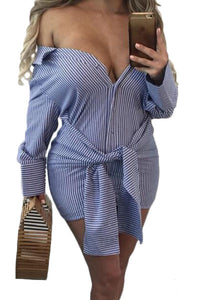 Sexy Blue Striped Tie Front Off The Shoulder Mini Dress