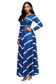 Sexy Blue Striped V Neck Long Sleeve Maxi Dress