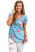 Sexy Blue Super Soft Floral Tee Shirt with Crisscross Neck