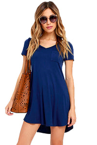 Sexy Blue Trendy Sweetheart Neck Pocket Shirt Dress
