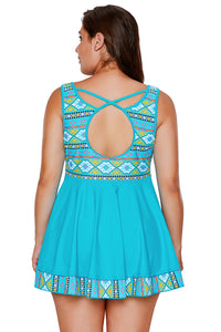 Sexy Blue Tribal Print Accent Swimdress and Short Set