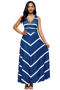 Sexy Blue V Neck Cut out Back Printed Maxi Dress