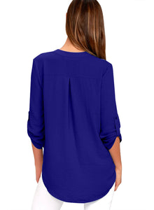 Sexy Blue V Neck Knotted Button-up Sleeve Blouse