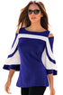 Sexy Blue White Colorblock Bell Sleeve Cold Shoulder Top