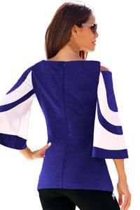 Sexy Blue White Colorblock Bell Sleeve Cold Shoulder Top