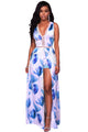 Sexy Blue White Flowers Print Backless Short Jumpsuit with Maxi Overlay