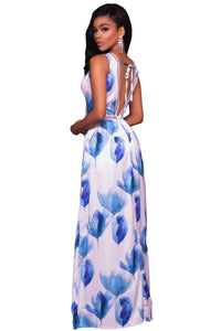 Sexy Blue White Flowers Print Backless Short Jumpsuit with Maxi Overlay