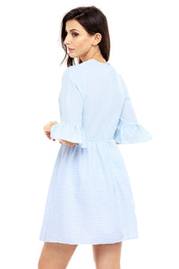 Sexy Blue White Stripe Flounce Sleeve Seersucker Dress