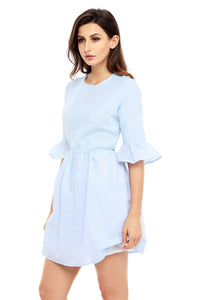 Sexy Blue White Stripe Flounce Sleeve Seersucker Dress