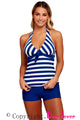 Sexy Blue White Striped 2pcs Halter Tankini Swimsuit