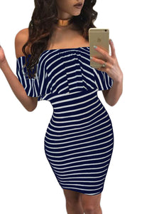 Sexy Blue White Striped Off-shoulder Bodycon Dress