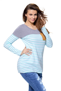 Sexy Blue White Stripes Color Block Long Sleeve Blouse Top