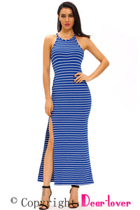 Sexy Blue White Stripes Maxi Dress with Side Slit