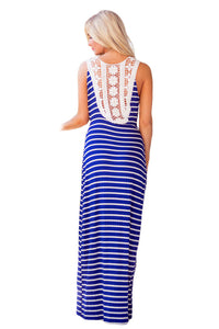 Sexy Blue White Stripes Print Lace Back Maxi Boho Dress