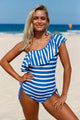 Sexy Blue White Stripes Ruffle One Piece Swimsuit