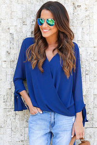 Sexy Blue Womens V Neck Ruched Tie Sleeve Top